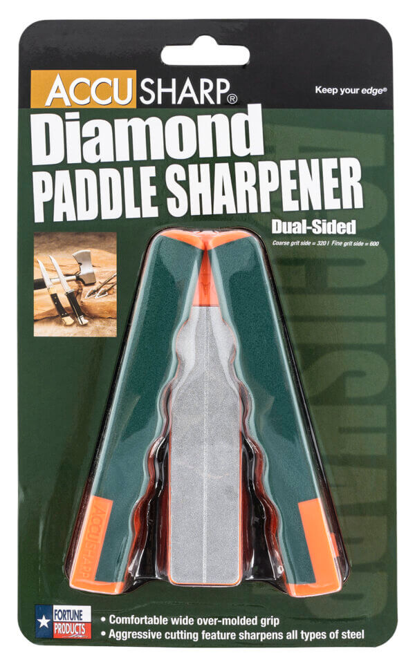 AccuSharp 077C Paddle Sharpener Folding Fine Coarse Diamond Sharpener Gray/Orange Overmolded Rubber Handle AccuSharp 077C Paddle Sharpener Folding Fine Coarse Diamond Sharpener Gray/Orange Overmolded Rubber Handle
