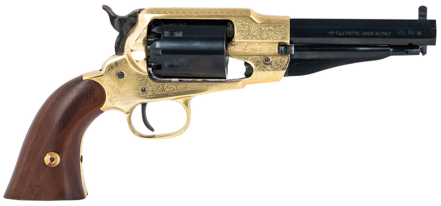 Pietta PF58BRE44512 1858 Sheriff 44 Cal 5.50″ 6rd Brass Frame Engraved Brass Frame Blued Engraved Cylinder Blued Engraved Steel Barrel Walnut Grip Pietta PF58BRE44512 1858 Sheriff 44 Cal 5.50″ 6rd Brass Frame Engraved Brass Frame Blued Engraved Cylinder Blued Engraved Steel Barrel Walnut Grip