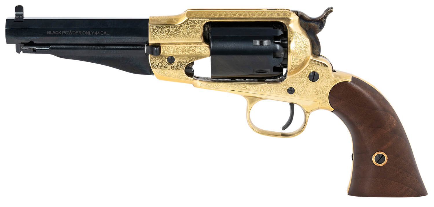 Pietta PF58BRE44512 1858 Sheriff 44 Cal 5.50″ 6rd Brass Frame Engraved Brass Frame Blued Engraved Cylinder Blued Engraved Steel Barrel Walnut Grip Pietta PF58BRE44512 1858 Sheriff 44 Cal 5.50″ 6rd Brass Frame Engraved Brass Frame Blued Engraved Cylinder Blued Engraved Steel Barrel Walnut Grip