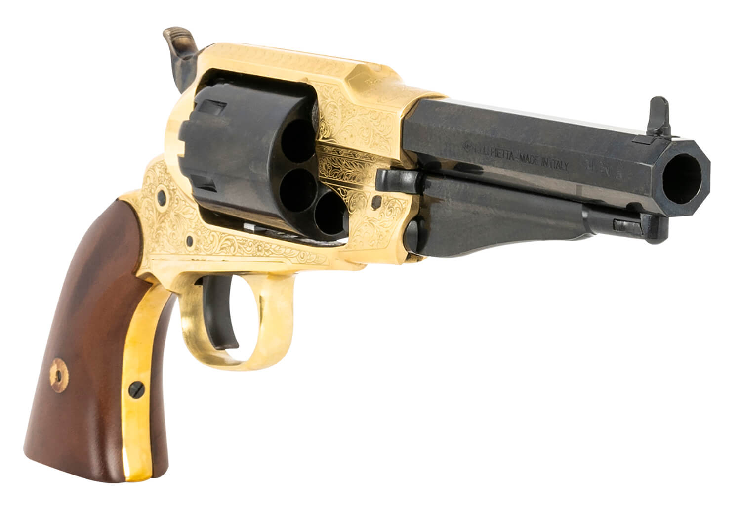 Pietta PF58BRE44512 1858 Sheriff 44 Cal 5.50″ 6rd Brass Frame Engraved Brass Frame Blued Engraved Cylinder Blued Engraved Steel Barrel Walnut Grip Pietta PF58BRE44512 1858 Sheriff 44 Cal 5.50″ 6rd Brass Frame Engraved Brass Frame Blued Engraved Cylinder Blued Engraved Steel Barrel Walnut Grip