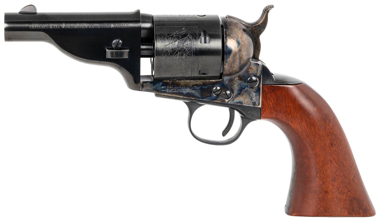 Taylors & Company 550957 The Hickok Open-Top 45 Colt (LC) Caliber with 3.50″ Blued Finish Barrel 6rd Capacity Blued Finish Cylinder Color Case Hardened Finish Steel Frame & Walnut Army Size Grip Taylors & Company 550957 The Hickok Open-Top 45 Colt (LC) Caliber with 3.50″ Blued Finish Barrel 6rd Capacity Blued Finish Cylinder Color Case Hardened Finish Steel Frame & Walnut Army Size Grip