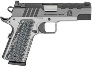 Springfield Armory PX9218L 1911 Emissary 45 ACP 8+1  4.25″ Stainless Match Grade Bull Steel Barrel  Blued/Stainless Serrated/Tri-Top Cut Steel Slide  Stainless Steel Frame w/Beavertail  Black VZ Thin-Line G10 Grip