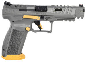 Canik HG6610TN SFx Rival Full Size 9mm Luger 18+1  5″ Black Steel Barrel  Rival Gray Ported/Serrated Slide  Rival Gray w/Gold Accents Polymer Frame w/Beavertail & Picatinny Rail  Ambidextrous