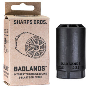 Sharps Bros BAD02 Badlands Muzzle Brake/Blast Deflector Heat Treated 17-4 Stainless Steel w/Nitride Finish 5/8ā³-24 tpi Threads 2.75ā³L 1.50ā³D for Multi-Caliber (.223-.354) Full-Auto Rated Sharps Bros BAD02 Badlands Muzzle Brake/Blast Deflector Heat Treated 17-4 Stainless Steel w/Nitride Finish 5/8ā³-24 tpi Threads 2.75ā³L 1.50ā³D for Multi-Caliber (.223-.354) Full-Auto Rated