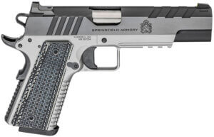 Springfield Armory PX9219L 1911 Emissary 9mm Luger 9+1  5″ Stainless Match Grade Bull Steel Barrel  Blued/Stainless Serrated/Tri-Top Cut Steel Slide  Stainless Steel Frame w/Beavertail & Picatinny Rail  Black VZ Thin-Line G10 Grip  2 Mags