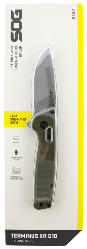 S.O.G SOGTM1022CP Terminus XR 2.95″ Folding Plain Clip Point Stone Washed D2 Steel Blade/Olive Drab Textured G10 Handle S.O.G SOGTM1022CP Terminus XR 2.95″ Folding Plain Clip Point Stone Washed D2 Steel Blade/Olive Drab Textured G10 Handle