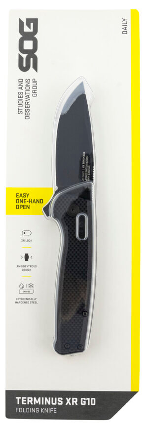 S.O.G SOGTM1027CP Terminus XR 2.95″ Folding Clip Point Plain Black TiNi D2 Steel Blade Black G10 Handle Includes Pocket Clip S.O.G SOGTM1027CP Terminus XR 2.95″ Folding Clip Point Plain Black TiNi D2 Steel Blade Black G10 Handle Includes Pocket Clip