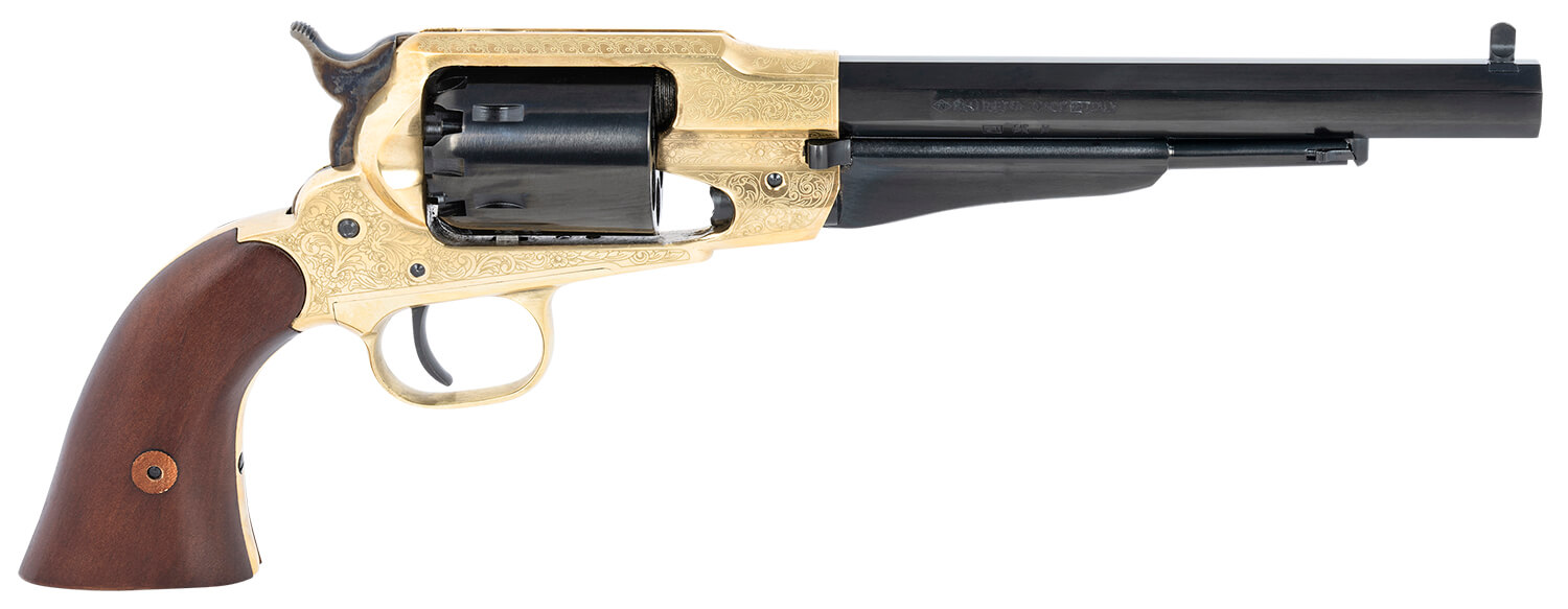 Pietta PF58BRE448 1858 44 Cal 6 Shot 5.50″ Blued Barrel & Cylinder Engraved Brass Frame Walnut Grip Brasstrigger Guard & Backstrap Pietta PF58BRE448 1858 44 Cal 6 Shot 5.50″ Blued Barrel & Cylinder Engraved Brass Frame Walnut Grip Brasstrigger Guard & Backstrap