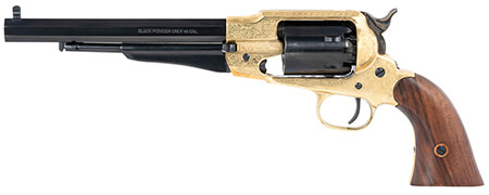 Pietta PF58BRE448 1858 44 Cal 6 Shot 5.50″ Blued Barrel & Cylinder Engraved Brass Frame Walnut Grip Brasstrigger Guard & Backstrap Pietta PF58BRE448 1858 44 Cal 6 Shot 5.50″ Blued Barrel & Cylinder Engraved Brass Frame Walnut Grip Brasstrigger Guard & Backstrap
