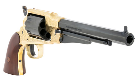 Pietta PF58BRE448 1858 44 Cal 6 Shot 5.50″ Blued Barrel & Cylinder Engraved Brass Frame Walnut Grip Brasstrigger Guard & Backstrap Pietta PF58BRE448 1858 44 Cal 6 Shot 5.50″ Blued Barrel & Cylinder Engraved Brass Frame Walnut Grip Brasstrigger Guard & Backstrap