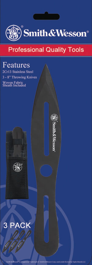 Smith & Wesson Knives SWTK8BCP Bullseye  Throwing Knife 4.26″ Fixed Plain Black Oxide 2Cr13MoV SS Black  Includes Sheath  Set of 3
