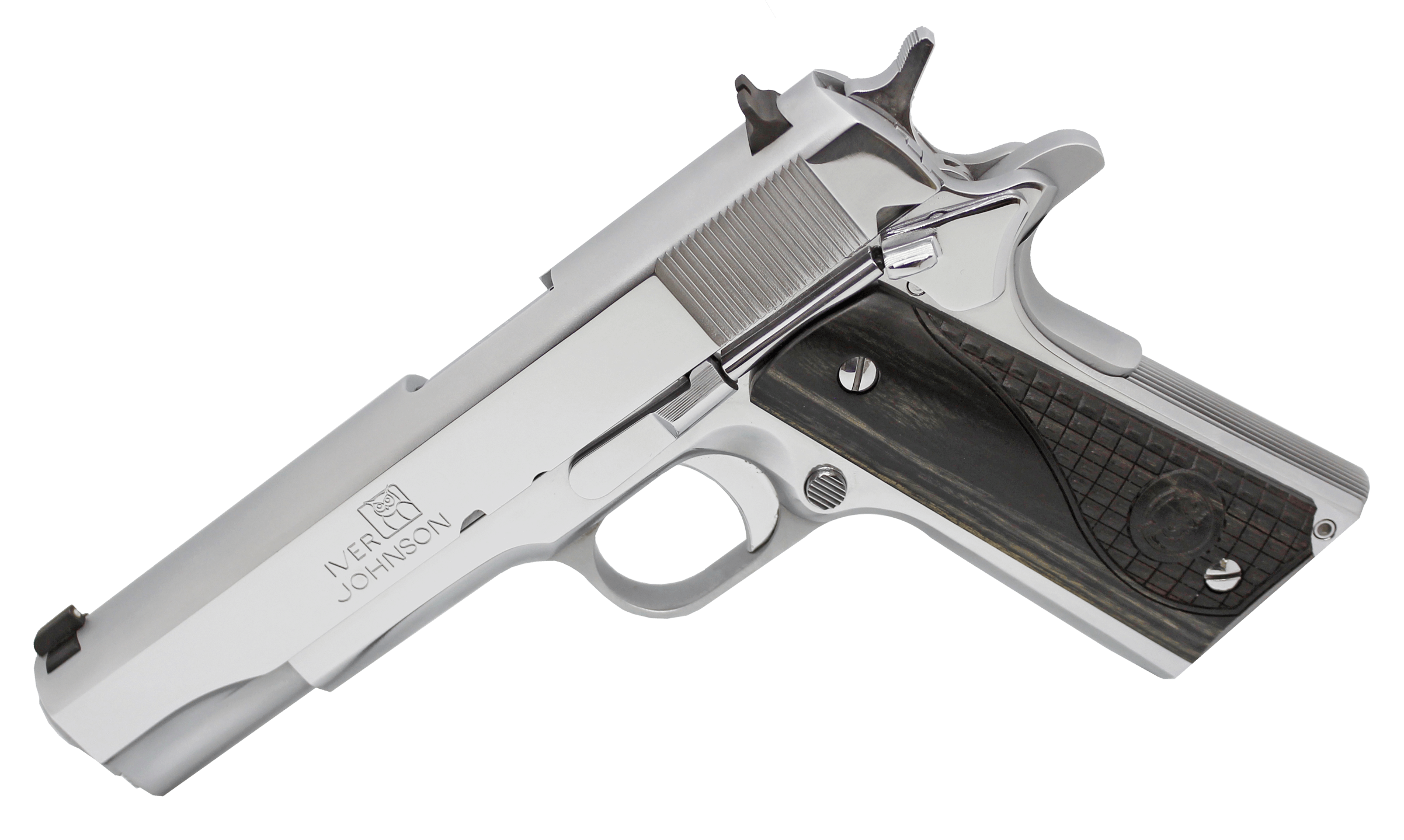 Iver Johnson Arms 1911CHRW 1911 A1 45 ACP 8+1 5" Stainless Steel Barrel Bright Polish Chrome Serrated Steel Slide & Frame w/Beavertail Black Diamondwood Grip