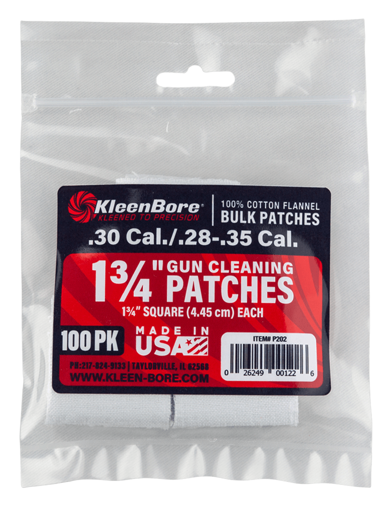 KleenBore P202 Super Shooter .30/ .28 – .35 Cal 1.75″ 100% Cotton Flannel 75 Per Pack KleenBore P202 Super Shooter .30/ .28 – .35 Cal 1.75″ 100% Cotton Flannel 75 Per Pack