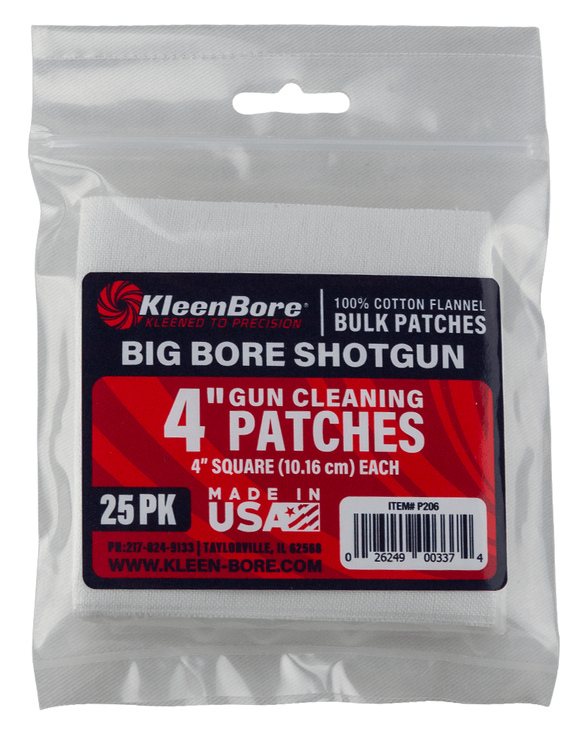 KleenBore P206 Super Shooter Big Bore Shotgun/ 37/40mm Launcher 4″ 100% Cotton Flannel 25 Per Pack KleenBore P206 Super Shooter Big Bore Shotgun/ 37/40mm Launcher 4″ 100% Cotton Flannel 25 Per Pack