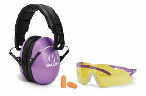 Walker's GWPYWFM2GFPPUR Folding Muff Combo 23 dB Over the Head Folding Muff Foam Ear Plugs Shooting Glasses Purple/Black Polymer Fits Youth/Women