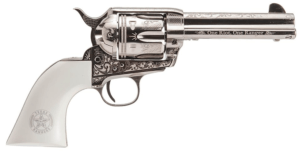 Cimarron PP410LNTXR Frontier Texas Ranger 45 Colt (LC) 6 Shot  4.75″ Engraved Nickel-Plated Steel Barrel  Cylinder & Frame  Engraved “One Riot  One Ranger” Ejector Rod  White Polymer Grip