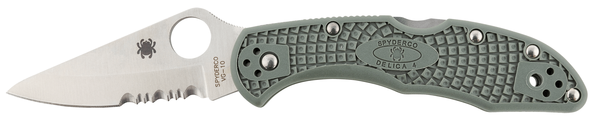 Spyderco C11PSFG Delica 4 Lightweight 2.88″ Folding Drop Point Part Serrated VG-10 SS Blade Foliage Green Bi-Directional Texturing FRN Handle Includes Pocket Clip Spyderco C11PSFG Delica 4 Lightweight 2.88″ Folding Drop Point Part Serrated VG-10 SS Blade Foliage Green Bi-Directional Texturing FRN Handle Includes Pocket Clip