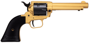 Heritage Mfg RR22S4 Rough Rider 22 LR 6 Shot 4.75″ Gold Cerakote Steel Barrel Gold Cerakote Zinc Alloy Frame Black Satin Cylinder Black Polymer Grip Hammer/Thumb Safety Exposed Hammer Features Black Accents Heritage Mfg RR22S4 Rough Rider 22 LR 6 Shot 4.75″ Gold Cerakote Steel Barrel Gold Cerakote Zinc Alloy Frame Black Satin Cylinder Black Polymer Grip Hammer/Thumb Safety Exposed Hammer Features Black Accents