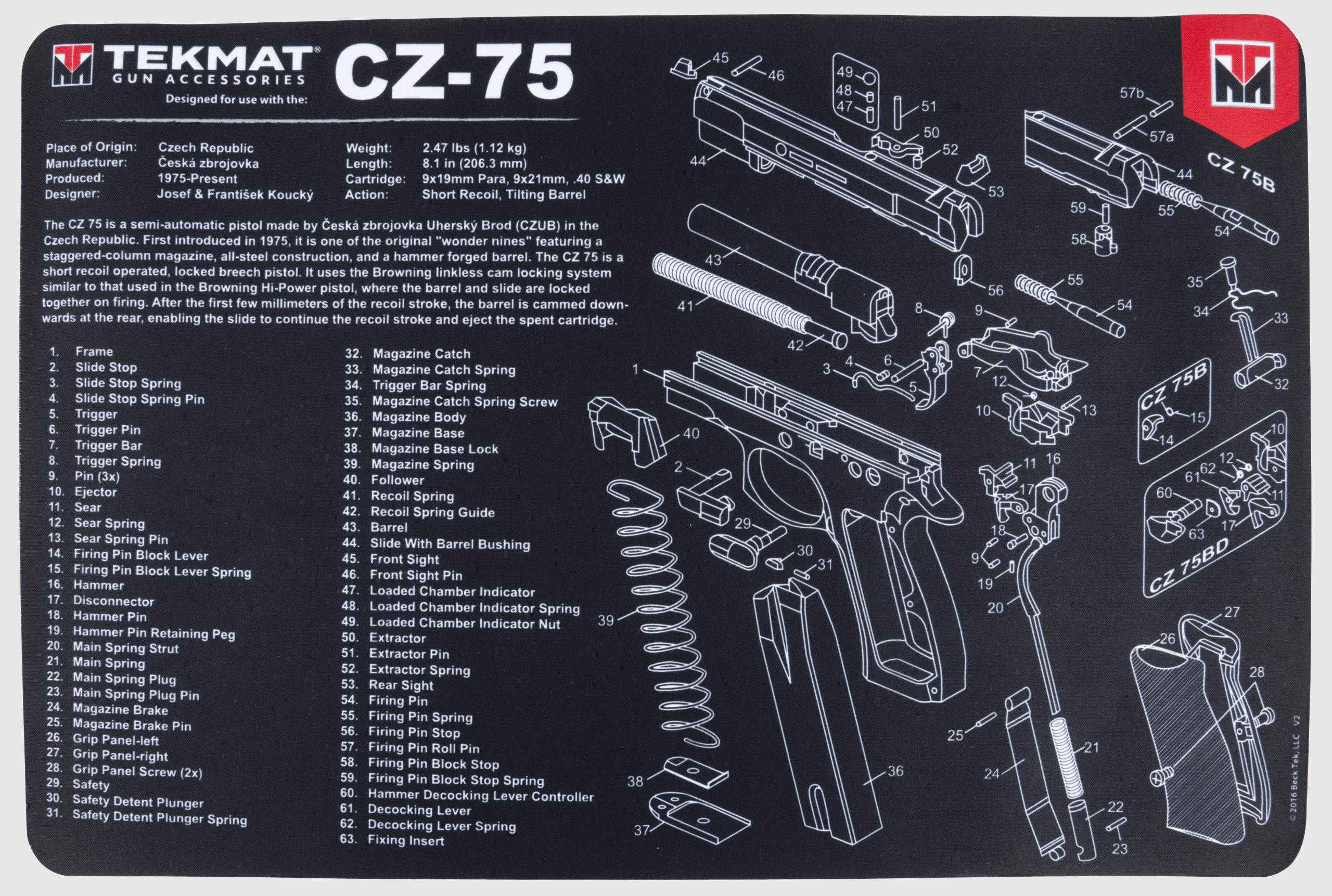 TekMat TEKR17CZ75 CZ 75 Cleaning Mat CZ-75 Parts Diagram 11" x 17"
