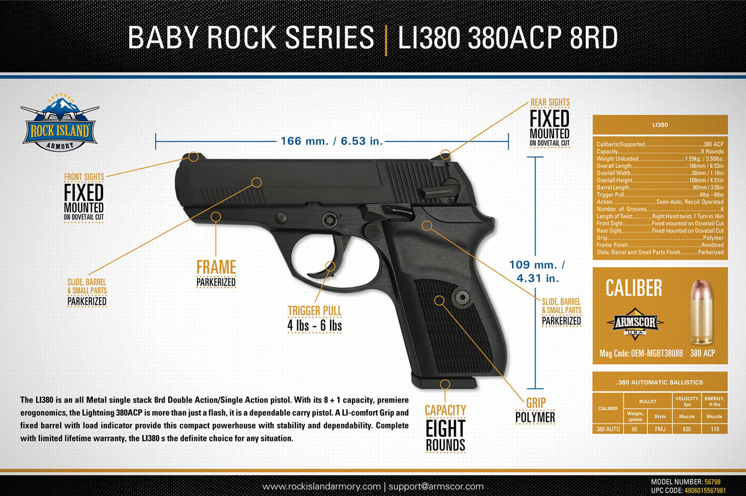 Rock Island 56798 LI380 Baby Rock 380 ACP 8+1 3.55″ Black Polymer Grips Rock Island 56798 LI380 Baby Rock 380 ACP 8+1 3.55″ Black Polymer Grips