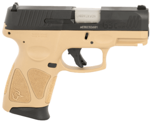 Taurus 1G3C931T G3C  Compact Frame 9mm Luger 12+1 3.26″ Matte Stainless Steel Barrel  Matte Black Tenifer Serrated Steel Slide  Tan Polymer Frame w/Picatinny Rail  Black Polymer Grip  Right Hand