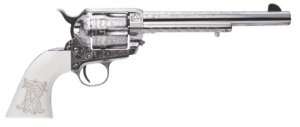 Cimarron PP415LNTRII Teddy Roosevelt Frontier 45 Colt (LC) 6 Shot 7.50″ Nickel-Plated Engraved Barrel  Cylinder & Frame  White w/Laser Engraved “T.R.” Grip