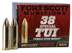 Fort Scott Munitions 38SPL080SCV Tumble Upon Impact (TUI) 38Special+P 80gr Solid Copper Spun 20rd Box Fort Scott Munitions 38SPL080SCV Tumble Upon Impact (TUI) 38Special+P 80gr Solid Copper Spun 20rd Box