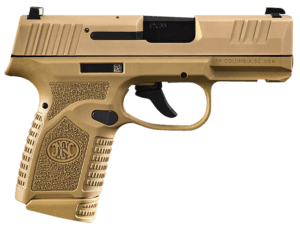 FN 66101413 Reflex  Micro-Compact Frame 9mm Luger 10+1  3.30″ Black Target Crown Steel Barrel  Flat Dark Earth PVD Serrated Steel Slide  Flat Dark Earth Polymer Frame w/Picatinny Rail  Ambidextrous