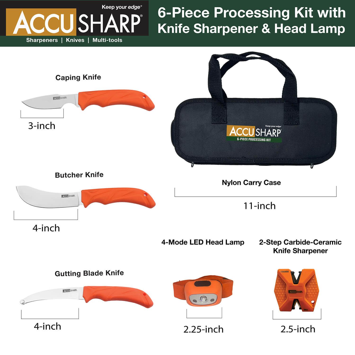 AccuSharp 738C Processing Kit Fixed Butcher/Caping/Gutting Plain Stainless Steel Blades/Blaze Orange Non-Slip Grip 6 Piece Includes Nylon Case AccuSharp 738C Processing Kit Fixed Butcher/Caping/Gutting Plain Stainless Steel Blades/Blaze Orange Non-Slip Grip 6 Piece Includes Nylon Case