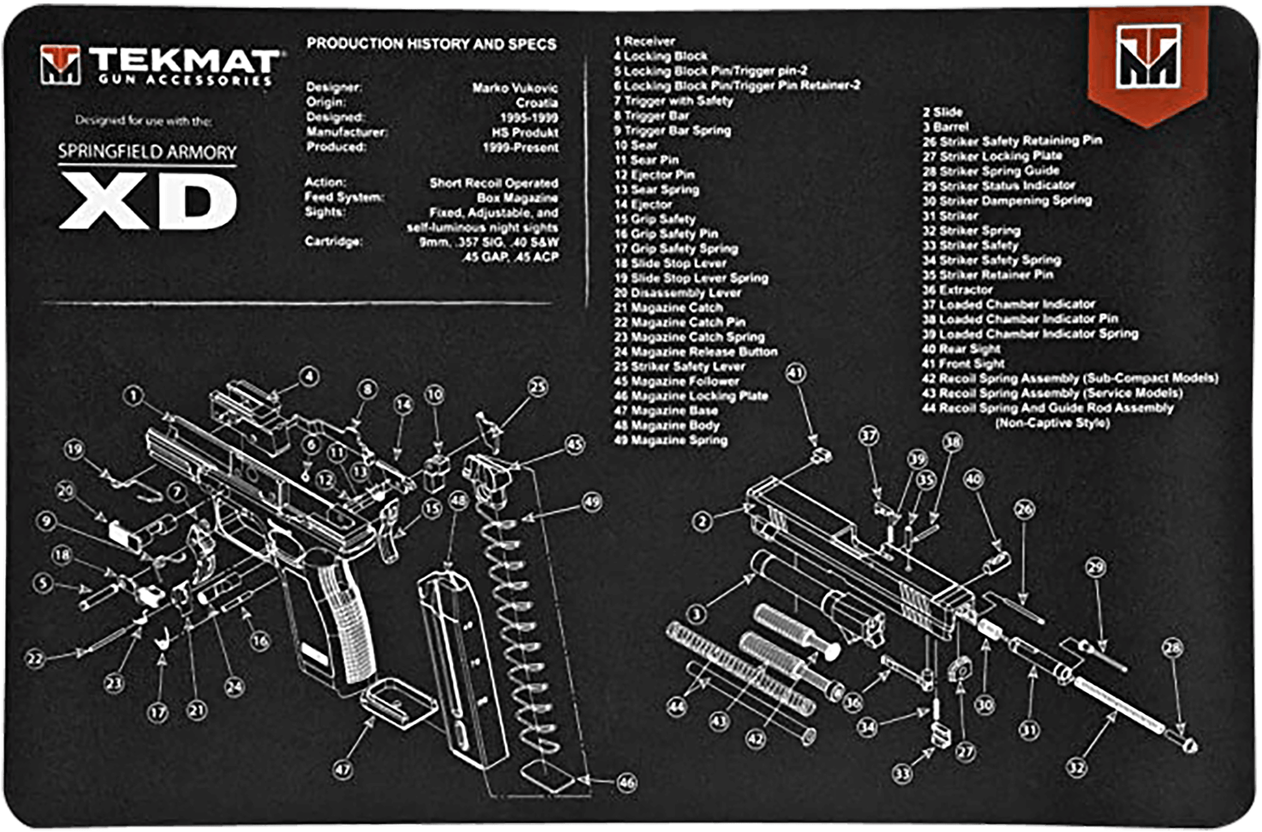 TekMat TEKR17XD Springfield Armory XD Cleaning Mat Springfield XD Parts Diagram 11" x 17"