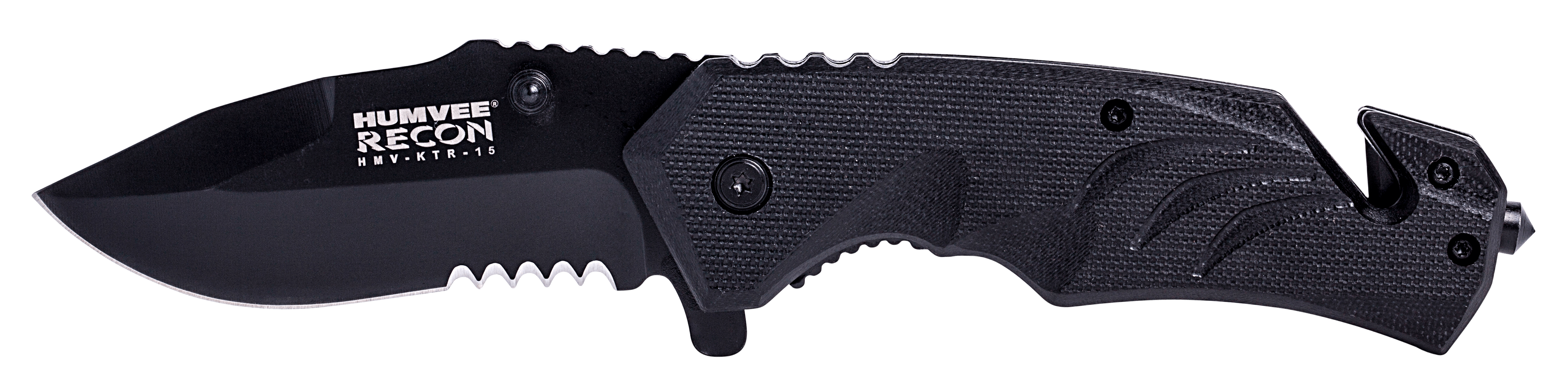 Humvee Adventure Gear HMVKTR15 Tactical Recon 3″ Folding Drop Point Part Serrated Black Stainless Steel Blade/Black Textured Features Glass Breaker/Seat Belt Cutter Includes Pocket Clip Humvee Adventure Gear HMVKTR15 Tactical Recon 3″ Folding Drop Point Part Serrated Black Stainless Steel Blade/Black Textured Features Glass Breaker/Seat Belt Cutter Includes Pocket Clip