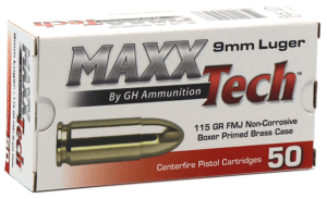 MaxxTech PTGB9MMB Brass Pistol  9mm Luger 115 gr Full Metal Jacket 50rd Box