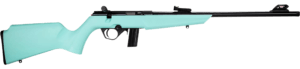 Rossi  RB22  Compact 22 LR 10+1  16″ Matte Black Button Rifled Free Floating Steel Barrel  Matte Black Stainless Steel Receiver  Cyan Monte Carlo Stock  Right Hand