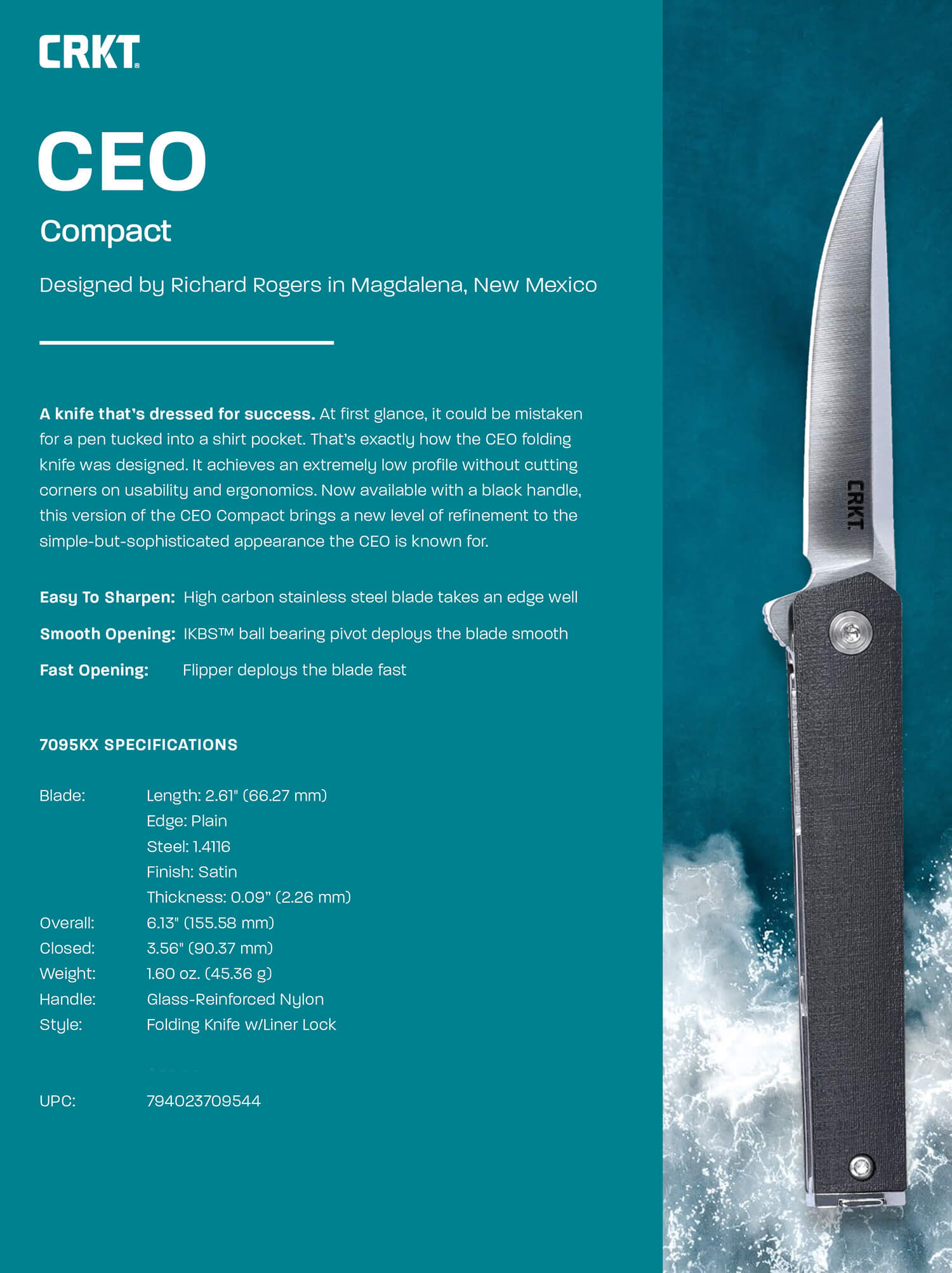 CRKT 7095KX CEO Compact 2.61″ Folding Plain Satin 4116 SS Blade/Black GRN Handle Includes Pocket Clip CRKT 7095KX CEO Compact 2.61″ Folding Plain Satin 4116 SS Blade/Black GRN Handle Includes Pocket Clip
