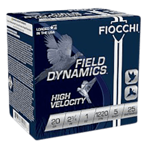 Fiocchi 20HV5 Field Dynamics High Velocity 20 Gauge 2.75″ 1 oz 1220 fps 5 Shot 25rd Box