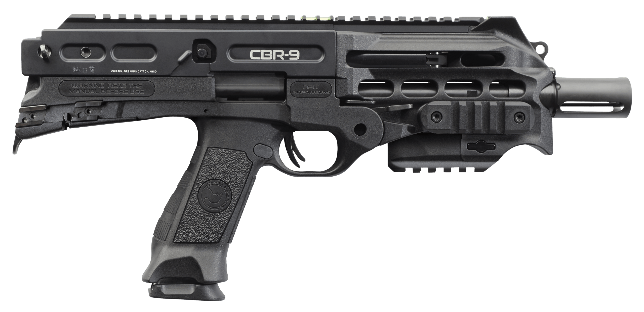 Chiappa Firearms 500217 CBR-9 Black Rhino 9mm Luger 18+1 9" Blued Barrel Matte Black Polymer Frame w/Picatinny Rails Synthetic Pistol Grip Auto Ejection No Brace Includes 2 Magazines Loader & Carry Sling