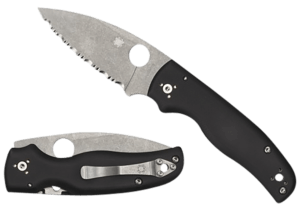 Spyderco C229GS Shaman  3.58″ Folding Serrated Stonewashed CPM S30V SS Blade/ Black Textured G10 Handle Includes Pocket Clip
