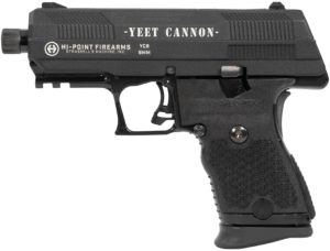 Hi-Point YC9YEET YC9  9mm Luger 10+1 4.12″ Black Steel Threaded Barrel  Black w/Engraved “Yeet Cannon” YC9 Styled/Serrated Slide  Black Polymer Frame w/Picatinny Rail  Black Plastic Grips