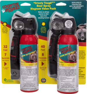 Counter Assault 15067027 Bear Spray Capsaicin Range 32 ft-7 Seconds/40 ft-8 Seconds 8.10 oz/10.20 oz 2 Cans 2 Holsters Includes 2 Holsters