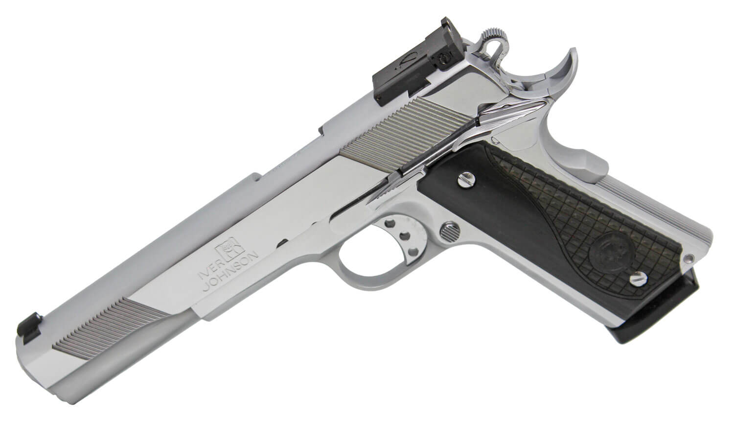 Iver Johnson Arms EAGLEXLC45 Eagle XL 45 ACP 8+1 6″ Stainless Steel Barrel Silver Cerakote Bright Chrome Long Slide Steel Slide High Polished Bright Chrome Steel Frame w/Beavertail Diamondwood Walnut w/Integrated Logo Grip Iver Johnson Arms EAGLEXLC45 Eagle XL 45 ACP 8+1 6″ Stainless Steel Barrel Silver Cerakote Bright Chrome Long Slide Steel Slide High Polished Bright Chrome Steel Frame w/Beavertail Diamondwood Walnut w/Integrated Logo Grip