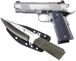 Magnum Research DE1911C9SSK 1911C w/Knife 9mm Luger 8+1  4.33″ Stainless Steel Bull Barrel  Stainless Serrated Steel Slide  Stainless Steel Frame w/Checkered Front Strap & Beavertail  Black/Gray G10 Grip  Beavertail Grip/Manual Thumb Safety