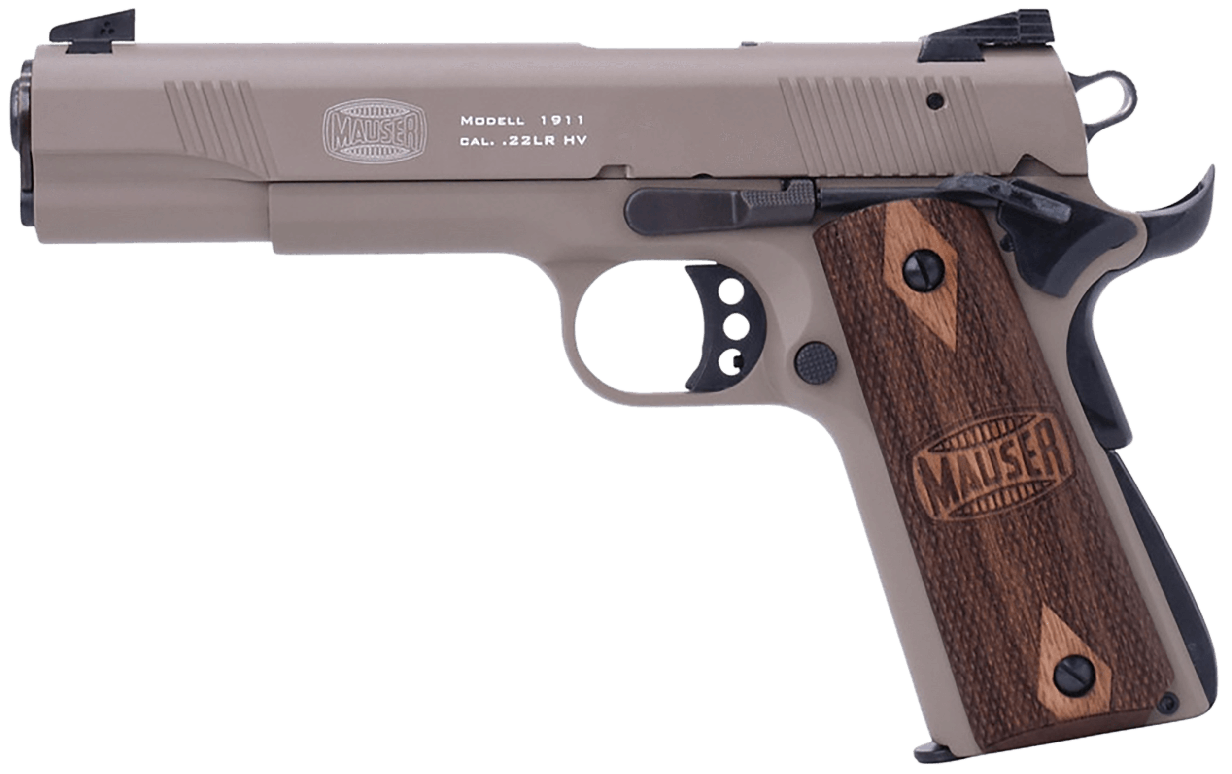 Mauser Rimfire 4110604 1911 22 LR 10+1 5″ Black Steel Barrel Tan Serrated Aluminum Slide Tan Aluminum Frame w/Beavertail Walnut Grip Ambidextrous Mauser Rimfire 4110604 1911 22 LR 10+1 5″ Black Steel Barrel Tan Serrated Aluminum Slide Tan Aluminum Frame w/Beavertail Walnut Grip Ambidextrous