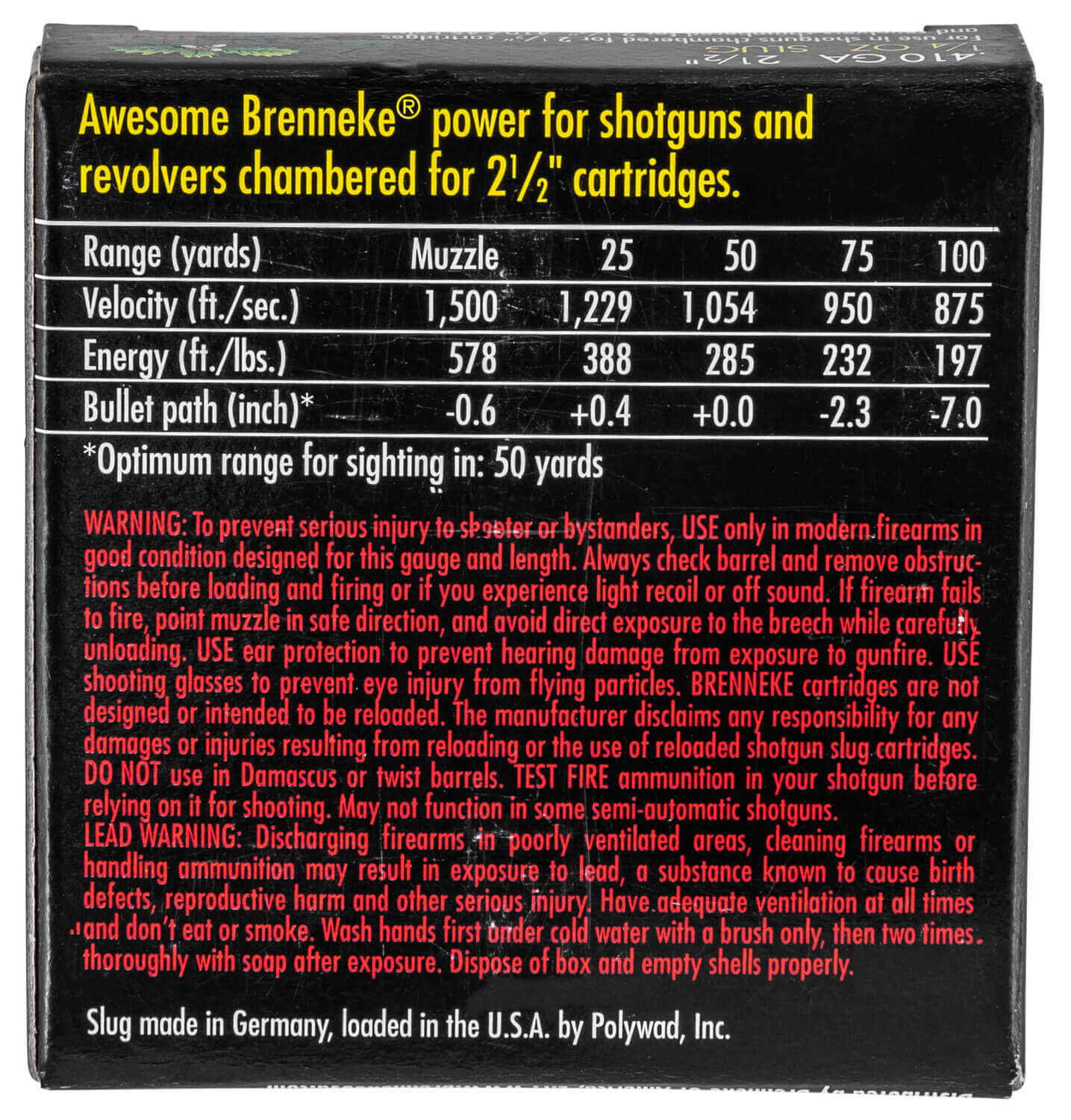Brenneke SL4102CE Close Encounter Home Defense 410 Gauge 2.50" 1/4 oz Sabot Slug Shot 5rd Box - Image 3