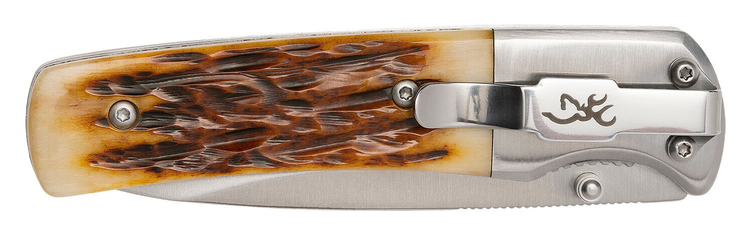 Browning 3220500B Buckmark Hunter 3" Folding Drop Point Plain Stonewashed 8Cr13MoV SS Blade/Jigged Bone Handle Boxed - Image 3