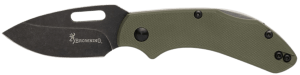 Browning 3220504B Hidden Hollow EDC Small 2.25" Folding Drop Point Plain Black Oxide Stonewashed D2 Steel Blade OD Green G10 Handle Box Pkg