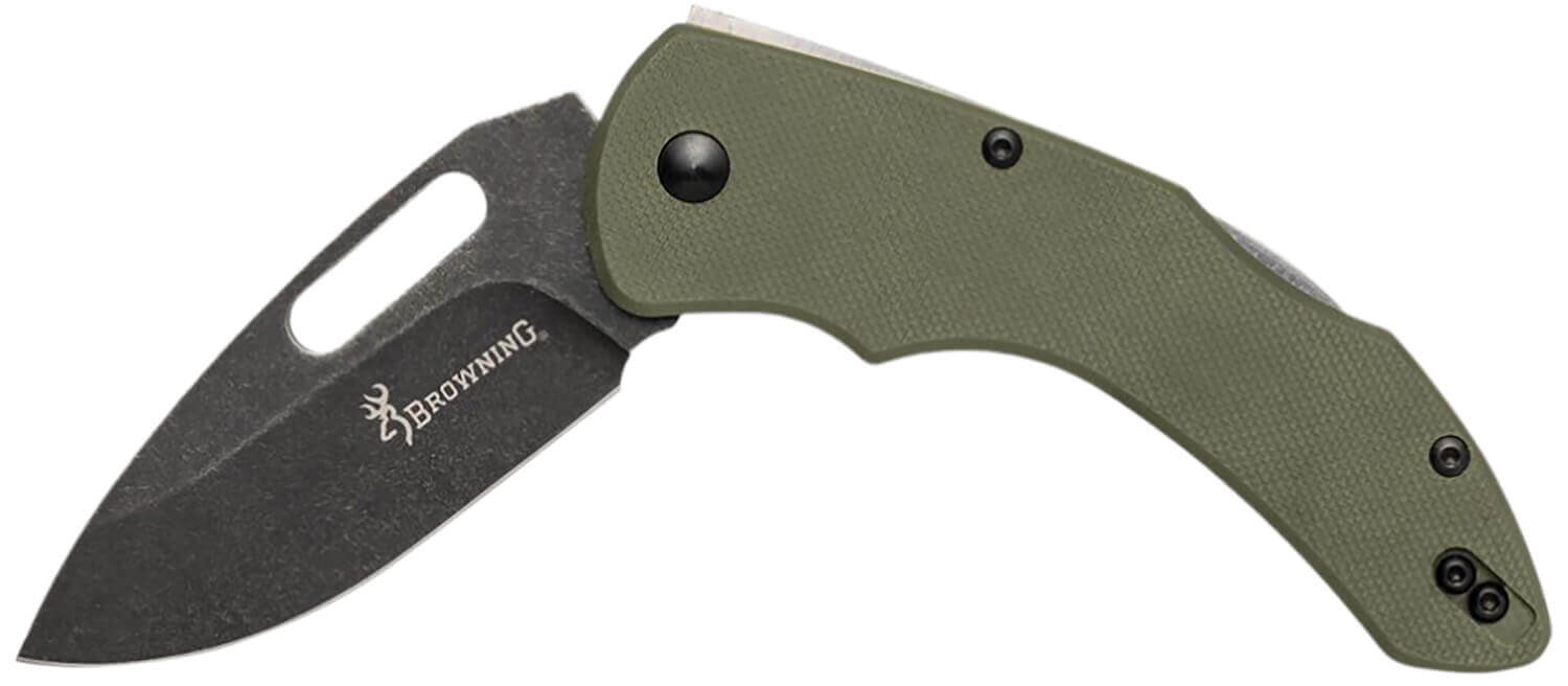 Browning 3220506B Hidden Hollow EDC Large 3" Folding Drop Point Plain Black Oxide Stonewashed D2 Steel Blade OD Green G10 Handle - Image 2