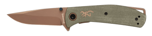 Browning 3220516B Trailside EDC Small 3" Folding Modified Drop Point Plain Titanium Finish D2 Steel Blade Green Micarta Handle Boxed Pkg