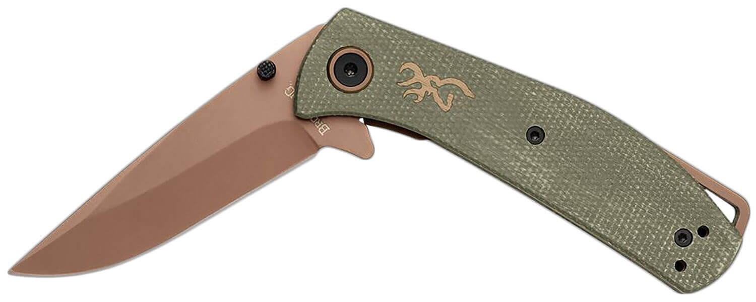 Browning 3220516B Trailside EDC Small 3" Folding Modified Drop Point Plain Titanium Finish D2 Steel Blade Green Micarta Handle Boxed Pkg - Image 2