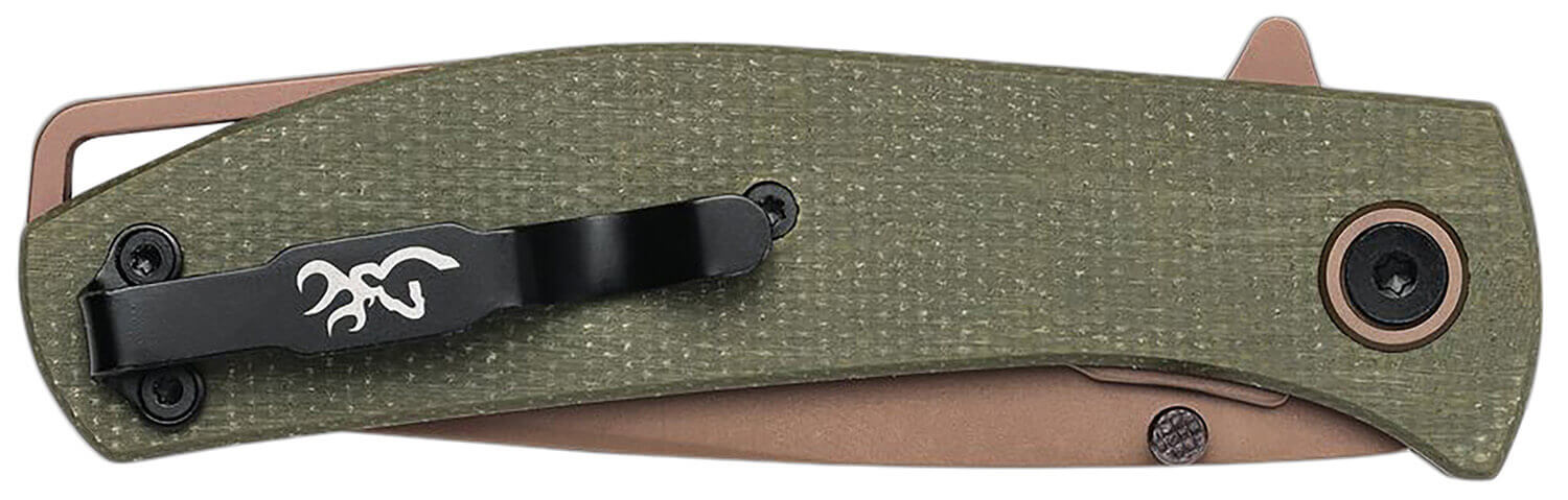 Browning 3220516B Trailside EDC Small 3" Folding Modified Drop Point Plain Titanium Finish D2 Steel Blade Green Micarta Handle Boxed Pkg - Image 3