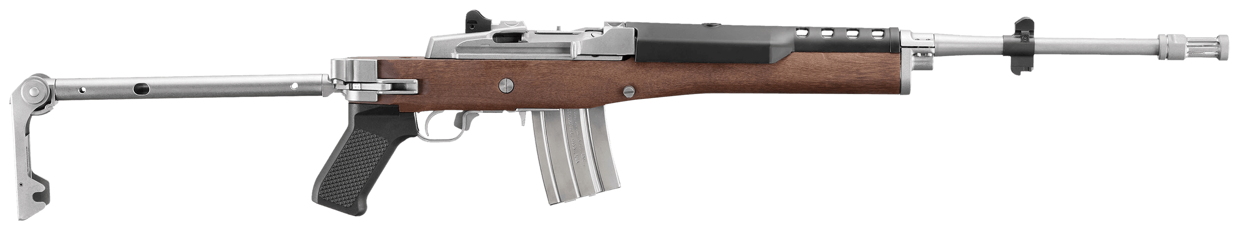 Ruger 5895 Mini-14 223 Rem/5.56 NATO 20+1 18.50" Matte Stainless Threaded Barrel Matte Stainless Picatinny Rail Receiver Walnut/Stainless Wood Side Folding Side Folding Stock Black Polymer Grip